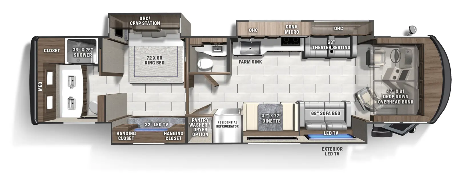 The 411TS has three slide outs and one entry door. Exterior features an exterior LED TV. Interior layout front to back: front cockpit with drop down overhead bunk; off-door slide out with theater seating and overhead cabinet, kitchen counter with cooktop and farm sink, overhead cabinets, and microwave; door-side slideout with sofa with LED TV above, dinette, residential refrigerator, pantry with washer/dryer option, and extends into the bedroom with an LED TV with hanging closets on each side; off-door side half bathroom; off-door side king bed slideout with overhead cabinet and C-PAP station; rear full bathroom with closet, and double sinks with medicine cabinets above.